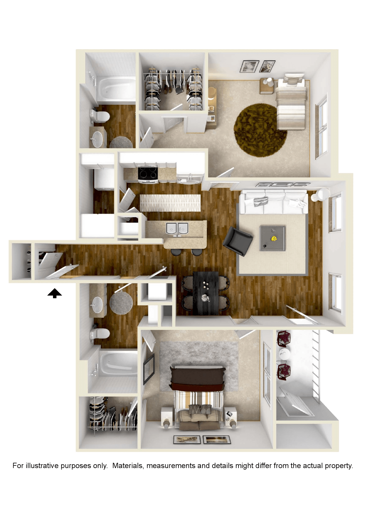 Floor plan for 2 beds, 2 baths, 982 sqft
